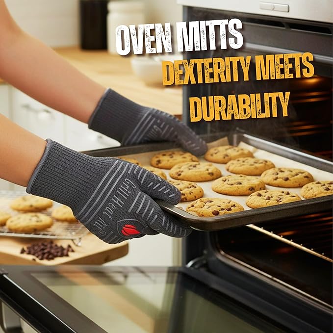 GRILL HEAT AID BBQ Grill Gloves 1472째F - Extreme Heat Resistant Oven Mitts for Grilling, Smoker & Fire Pit with Silicone Grip & EN407 Cut Resistance - Short Cuff, Dusky Gray