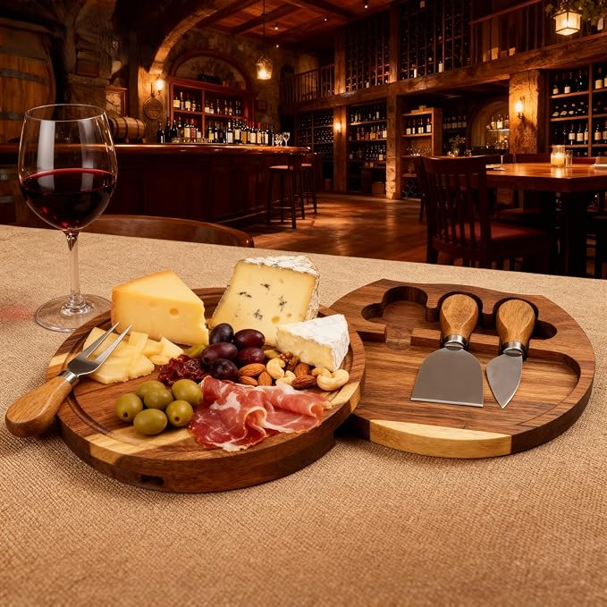 Garvee 3 Pack Mini Charcuterie Boards 7.7" Round Wood Cheese Board Set with Knife & Fork, Thank You Gift Box for Guest Bridal, Baby Shower - Acacia Wood