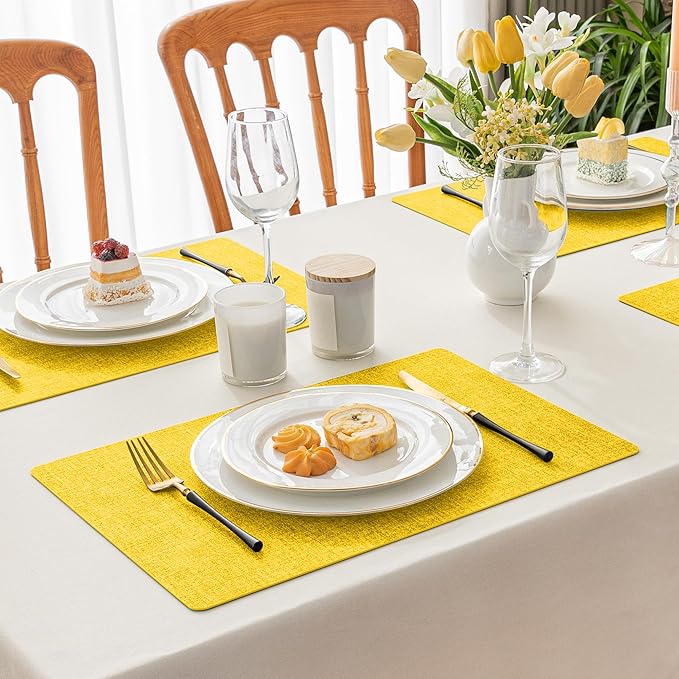 Romanstile Vinyl Placemats Set of 6-12 X 17 Inch - Heat Resistant Place Mats 100% Waterproof Oilproof Wipeable Reversible Faux Leather Table Mats for Kitchen, Dining, Party, Outdoor, Yellow