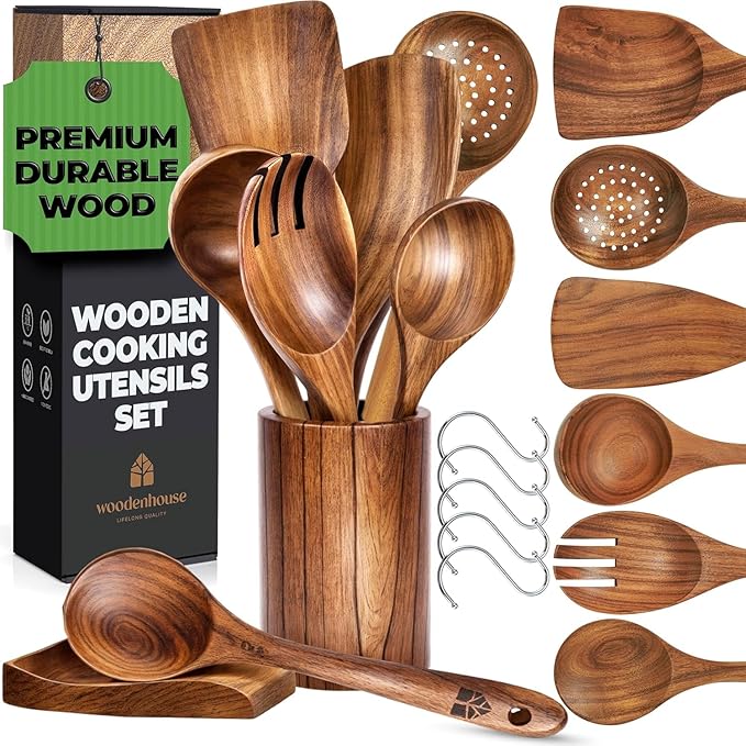 Wooden Utensil Set 8 Pcs ??Sturdy & Easy to Clean, Natural Teak Wooden Spoons for Cooking ??Non-Scratch Cooking Utensils with Spatula, Turner, Ladle, Spoons, Skimmer, Holder, Spoon Rest & 6 Hooks