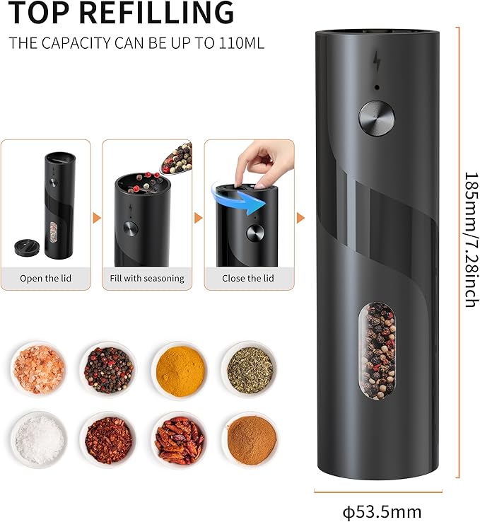 Electric Salt and Pepper Grinder Set, Automatic Pepper Mill Grinder with Charging Base & LED Light, Adjustable Coarseness, Large Capacity, One-handed Operation, for Kitchen, Restaurant, Outdoor