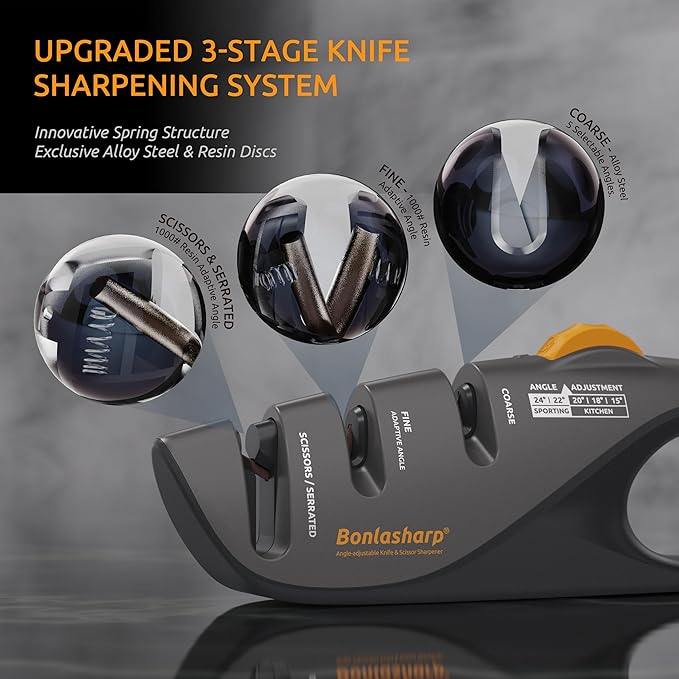 5-Angle Adjustable Knife Sharpener for Kitchen, Scissors & Pocket Knives ??Precision 15째-24째 Sharpening, Coarse & Fine Slots, Non-Slip Base, Ergonomic Handle, Safe & Easy to Use