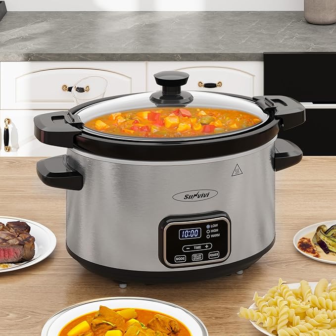 4qt Slow Cooker, Programmable Slow Cooker with Locking Lid, Removable Ceramic Pot, 3 Heating Settings & Time Control, Mini Food Warmer with Dishwasher-safe Lid & Pot, Silver