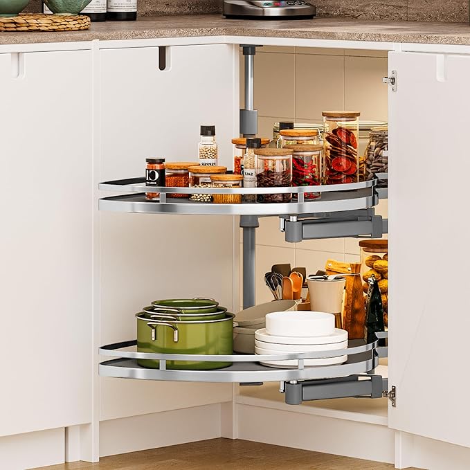 DWVO Corner Cabinet Organizer, 2-Tier Blind Corner Pull Out with 270째 Rotating Shelf, Right Swing Tray, Heavy-Duty Iron, Easy-Install Template, 32.7"x17.3"x21.3", Gray