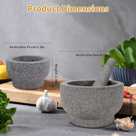 7??Heavy Granite 4 Cup Mortar & Pestle Natural Stone Molcajete Bowl and Grinder Set for Spices, Herbs, Seasonings, Pastes, Pesto and Guacamole. Release Your Favorite Flavors!Great Gift!