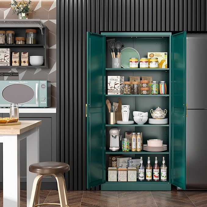 Kitchen Pantry Cabinet,71?쒰reen Metal Pantry Storage Cabinets with Doors and 4 Adjustable Shelves,Kitchen Cabinet with 2 Gold Handles,Tall Cabinet for Livingroom, Bathroom