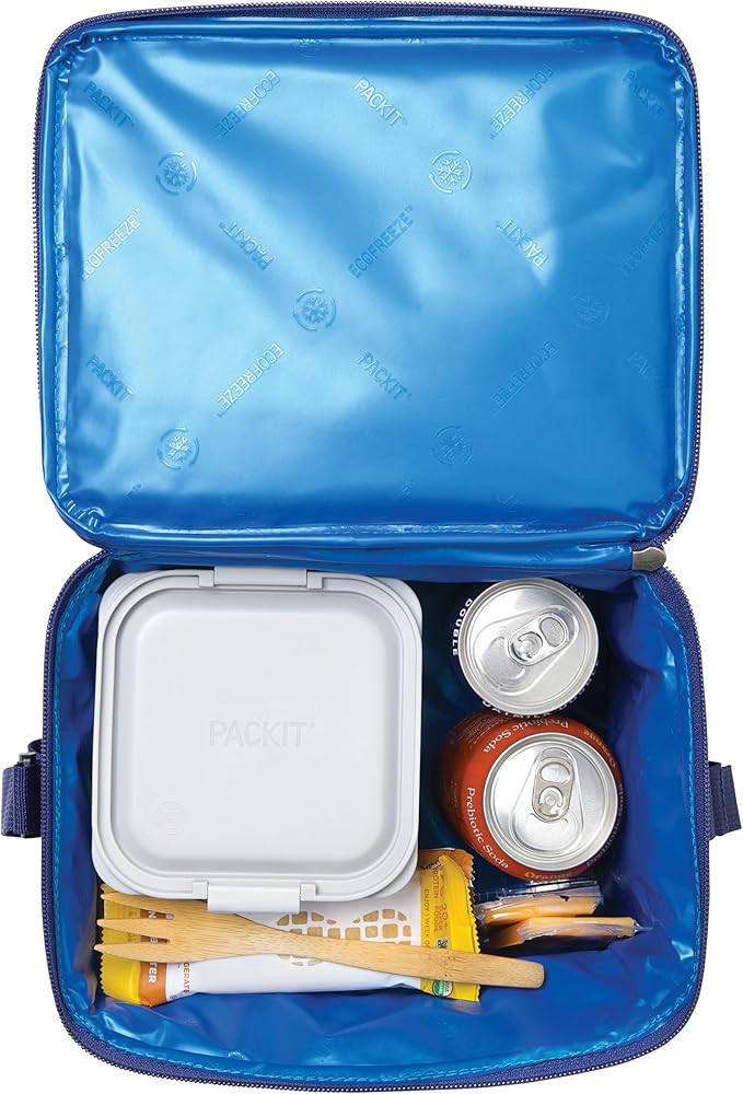 PackIt짰 Freezable Essential Cooler, True Blue, Built with EcoFreeze짰 Technology, Fully Freezable, Collapsible, Reusable, With Adjustable Crossbody Strap, Top Clip Handle, Designed for Fresh Office