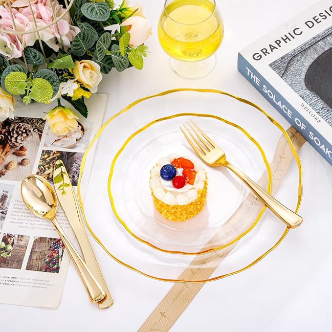 EI 150pcs Clear Plastic Plates with Gold Plastic Silverware,Disposable Plate Heavy Duty,Clear and Gold Dinnerware Set,Elegant Plates for Party,Wedding,Afternoon Tea,Spring,Valentine's Day