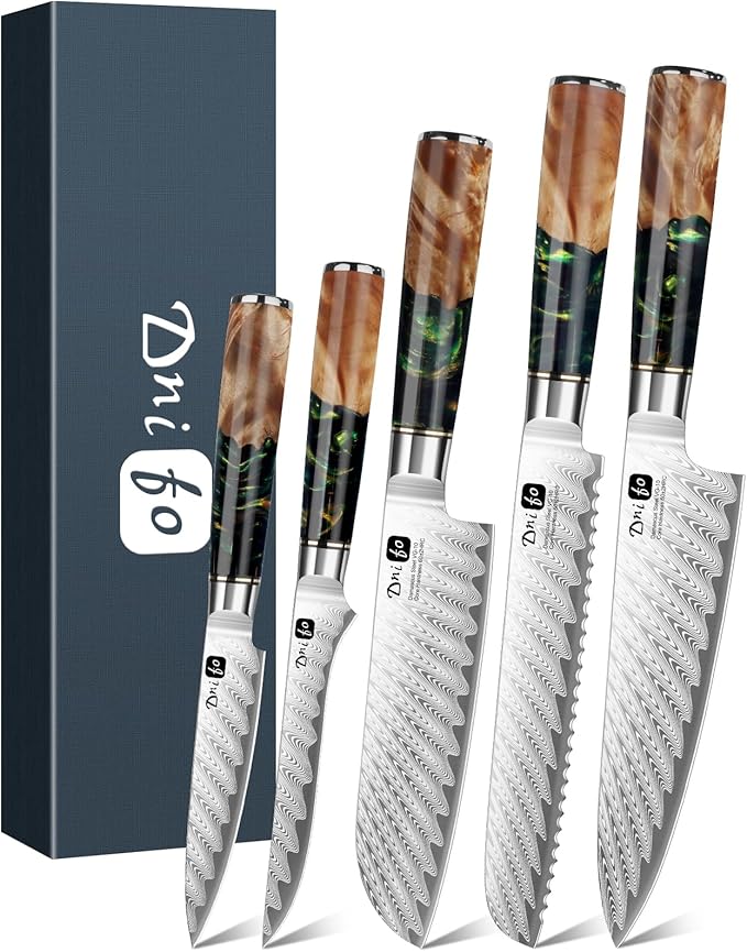 5 Pieces Damascus Knife Set, Japanese Chef Knife Set with Galaxy Pattern Resin Handle, 67-Layers Damascus Steel, Gift Box Included 5" Paring, 6" Boning, 7" Santoku, 8" Chef & 8" Bread Damascus Knives