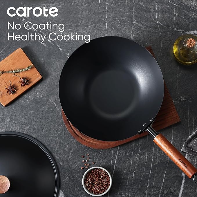 CAROTE 12" Carbon Steel Wok Pan, 4.5QT Woks & Stir-fry Pans Nonstick, No Chemical Coated Pre-Seasoned Flat Bottom Wok with Lid for Stir Fry, Chinese Cast Iron Wok, Cooking Pan, All Stovetop Compatible