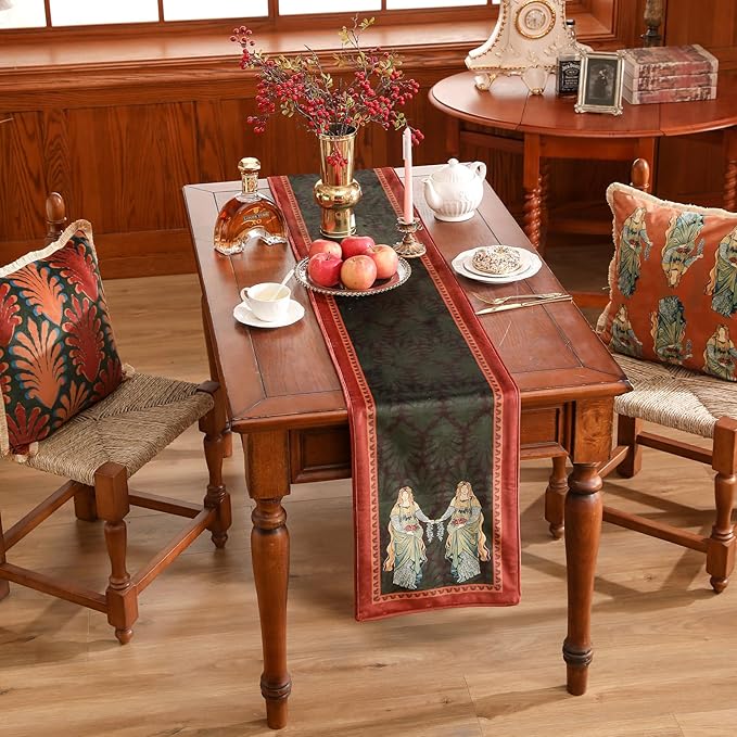 patdrea Designer Mysterious Oil Painting Figures Velvet Table Runner, Brown Green with Palm Frond Pattern Table Mat, Decoration for Kitchen Dining Coffee Table Cabinet Banquet Thanksgiving,12"*87"