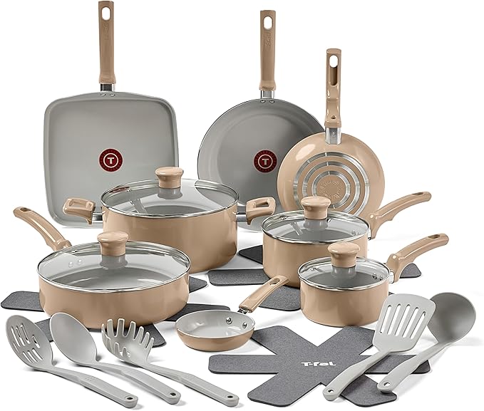 T-Fal Refresh Ceramic Nonstick Cookware Set, 20-Piece, Oven Safe to 350째F, Stockpot, Ceramic Pots and Pans Set, Frying Pans, Griddle, Utensils, Sand Beige