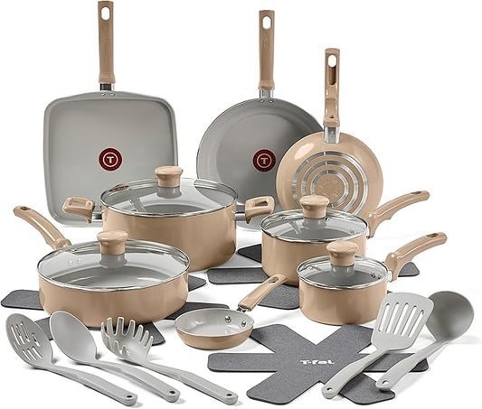T-Fal Refresh Ceramic Nonstick Cookware Set, 20-Piece, Oven Safe to 350째F, Stockpot, Ceramic Pots and Pans Set, Frying Pans, Griddle, Utensils, Sand Beige