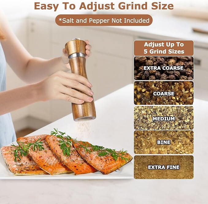 2 Pack Acacia Wood Salt and Pepper Grinder Set ??8??Manual Mills with Adjustable Ceramic Core, Stainless Steel, Tray, Spoon, Brush & Funnel ??Rustic Wooden Gift Set for Kitchen or Table