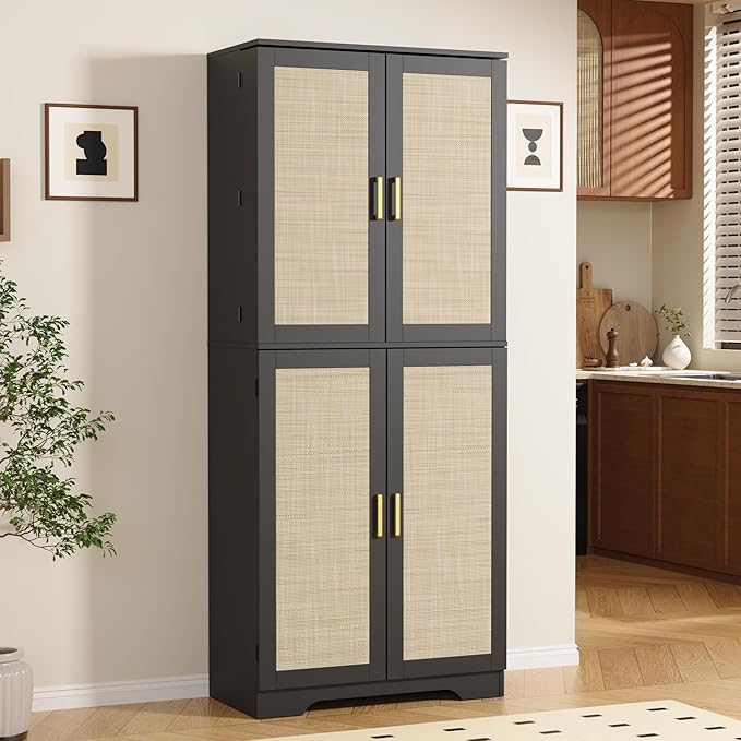 Rattan 72" Tall Kitchen Pantry Cabinet with 4 Doors, Boho Cabinet with Adjustable Shelves, Modern Mid Century Food Pantry with Storage, Freestanding Cupboard for Living Room, Bathroom, Black