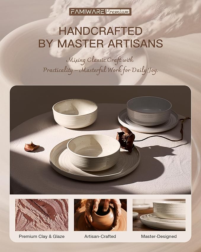 Plates and Bowls Sets for 6, Famiware Premium 18-Piece Stoneware Dinnerware Set - Reactive Glaze with Speckles & Spirals, Chip & Scratch Resistant, Dishwasher Safe, Dish Set with Gift Box, Shell Beige