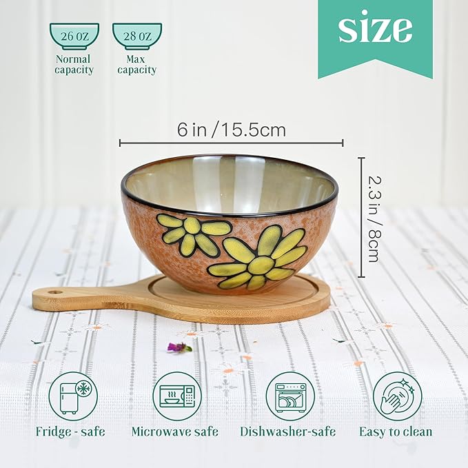 Ceramic Cereal Bowls Set of 6, Floral Design 6 inch ??28oz for Cereal, Salad, Soup, Dessert, or Snacks, Microwave, Dishwasher Safe