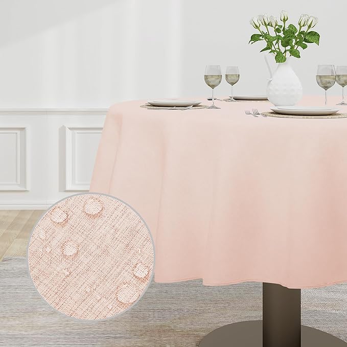 Easy-Going Faux Linen Waterproof Spill-Proof Tablecloth Stain Resistant Round Table Cloth Wrinkle Free Decorative Fabric for Kitchen, Dining, Party, Weddings, Restaurants (70 in-Round, Pink)