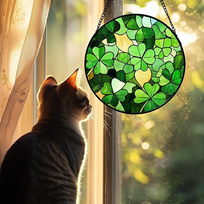 Stained Glass Window Hanging Lucky Clover 9.8" - Suncatcher Door Garden Sun Catcher Ireland Green Decor Birthday Mother's St. Ripack's Day Gift for Woman Mom Men Friend Nana Wife