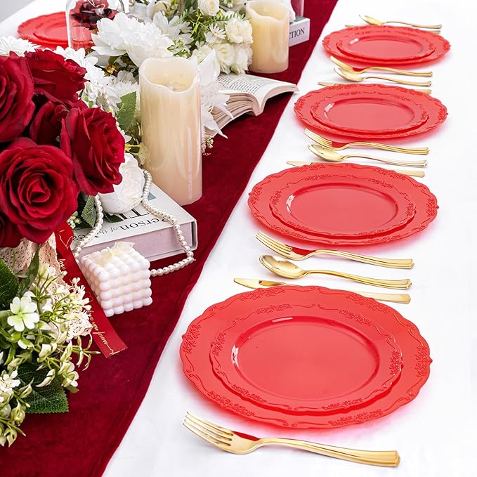 U-QE 100PCS Red Plastic Plates - Heavy Duty Valentines Plates Disposable, Red Plates Disposable Include 50PCS 10.25" Dinner Plates and 50PCS 7.5" Dessert/Salad Plates for Valentine's Day, Party