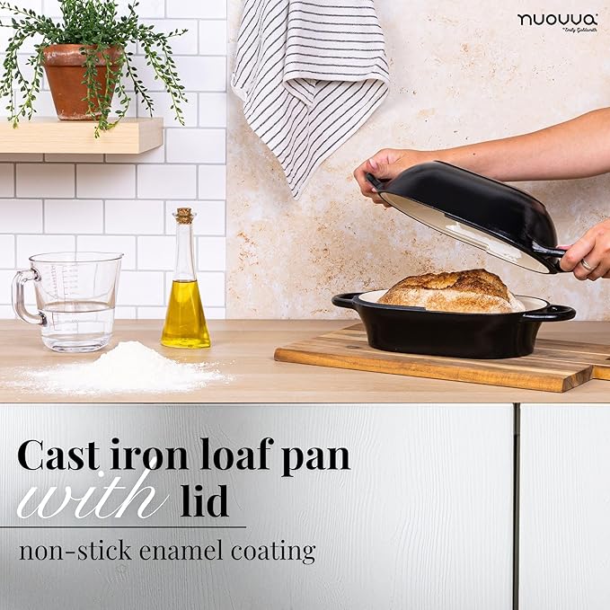 nuovva Dutch Oven For Sourdough Bread Baking ??Enamelled Cast Iron Bread Loaf Pot ??Oven Safe Non Stick Bread Pot ??Rectangular, Black, 24cm x 16cm