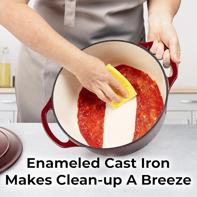 Zulay Kitchen 6 Quart Enameled Cast Iron Dutch Oven Pot with Lid ??Premium Durability & Oven Safe up to 500째F ??Heavy Duty Cookware Perfect for Bread Baking, Stews, Braising & Roasting ??Garnet