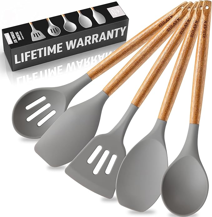 Zulay Kitchen Utensils Set Non-Stick Silicone Cooking Utensils Set with Authentic Acacia Wood Handles - 5 Piece Silicone Utensil Set - Kitchen Utensils Set with 464째F Heat Resistance - Gray