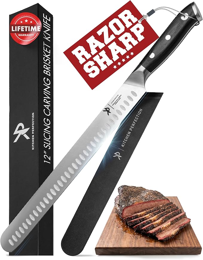 Kitchen perfection 12??Brisket Knife for Carving & Slicing Meat - Ultra Sharp Premium German Steel Granton Edge with Sheath, Full Tang Ergonomic Handle.For BBQ, Turkey & Ribs- Grilling Gifts for Men