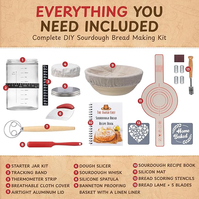 Complete Sourdough Bread Starter Kit, Glass Sourdough Starter Jar Kit & Tons of Sourdough Baking Supplies - Sourdough Starter Kit Includes Sourdough Jar, Banneton Bread Proofing Basket & More