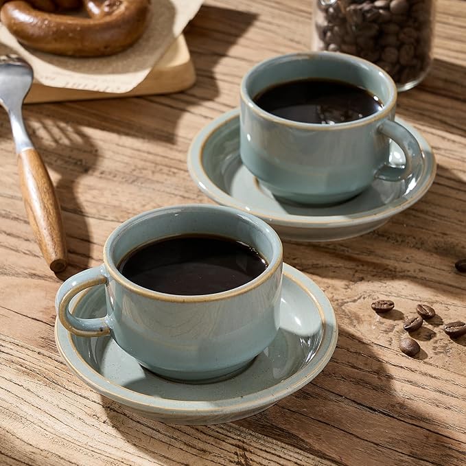 JIEMEI HOME Porcelain Stackable Espresso Cups with Saucers and Metal Stand, 4 Ounce Demitasse Cups for Latte, Cafe Mocha Tea-Set of 6 Espresso Mugs, Reactive Glaze, Green