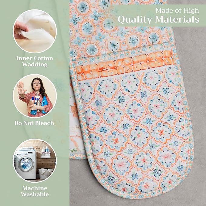 Maison d' Hermine Double Oven Mitts 100% Cotton 7"x35" Double Oven Mitt Heat Resistant BBQ Cooking Gloves with Loop, Baking, Grilling, Home, Kitchen, Handling Hot Pans Spring Summer (Summer Whisper)