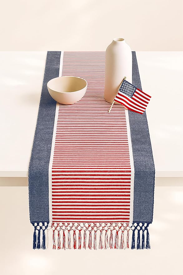 PurpleEssences 4th of July Table Runner - Wide with Dobby Stripe, Heavy Ribbed Weave & Double Knot Fringes, 14x90 Inch (14x95.5 with Fringes) Boho Farmhouse Decor - Veterans Day - Red Blue White