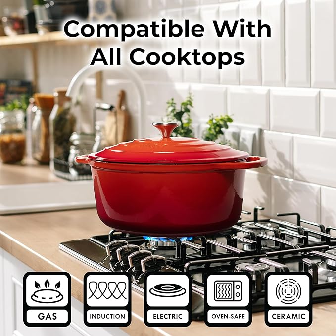 Zulay Kitchen 7.7 Quart Enameled Cast Iron Dutch Oven Pot with Lid ??Premium Durability & Oven Safe up to 500째F ??Heavy Duty Cookware Perfect for Bread Baking, Stews, Braising & Roasting ??Orange