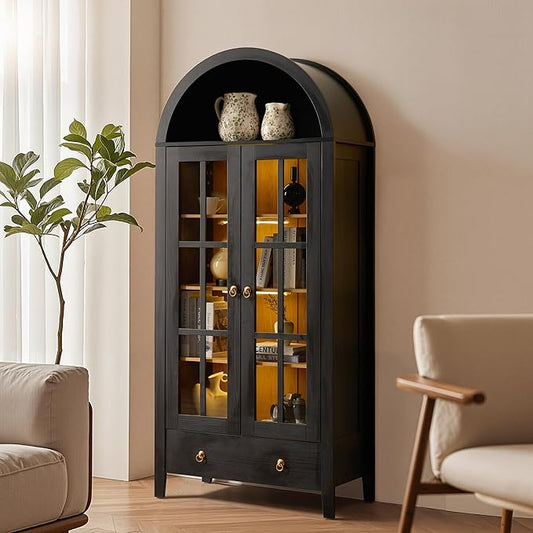 71" Tall Arched Cabinet with Glass Doors, Wood Kitchen Pantry with LED Sensor Lights, Farmhouse Freestanding Versatile Cupboard for Living Room,Dining Room,Home Office, Black
