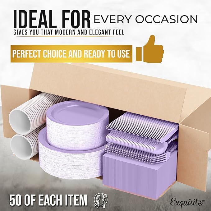 Exquisite 350 Pcs Lavender Paper Plates For Party, Lavender Disposable Plates Set, 50 Of Each 9" Dinner Plate Set, 7" Dessert Plate, Cups, Napkins & Cutlery Paper Dinnerware