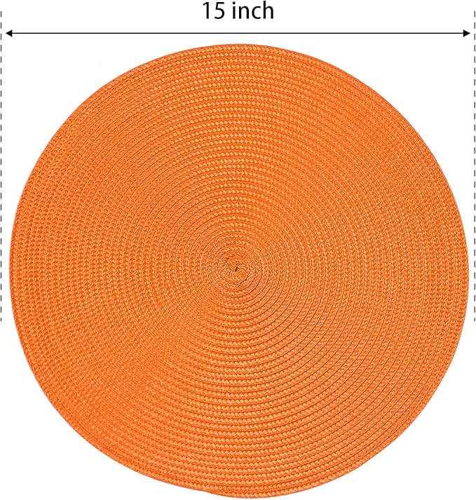 FunWheat Round Braided Placemats Set of 6 Table Mats for Dining Tables Woven Washable Non-Slip Place mats 15 inch(Orange, 6pcs)