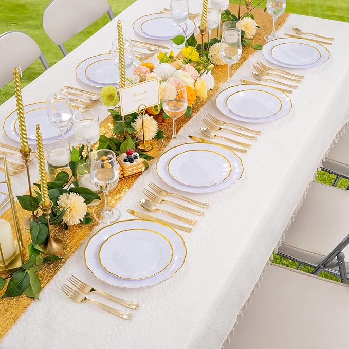 EI 150pcs White Plastic Plates with Gold Plastic Silverware,Disposable Plate Heavy Duty,White Dinnerware Set,Elegant Plates for Party,Wedding,Afternoon Tea,Spring,Valentine's Day