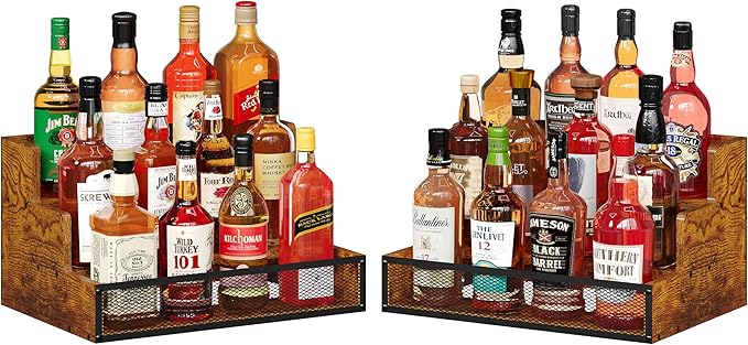 2 Pack 3 Step Countertop Liquor Bottle Display Shelf, Wood Bar Shelves 12 Bottles with Fences, Freestanding Storage Shelves for Liquor Whiskey Wine Coffee Syrup Display, Retro Wine Rack Home