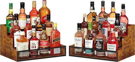 2 Pack 3 Step Countertop Liquor Bottle Display Shelf, Wood Bar Shelves 12 Bottles with Fences, Freestanding Storage Shelves for Liquor Whiskey Wine Coffee Syrup Display, Retro Wine Rack Home