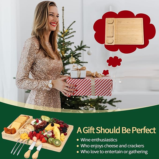 Premium Bamboo Charcuterie/Cheese Board Set ??Wooden Serving Tray with Hidden Knife Storage ??Cheese Knives & Forks - Perfect Bridal Shower, Housewarming, Anniversary, Mother's Day Gifts