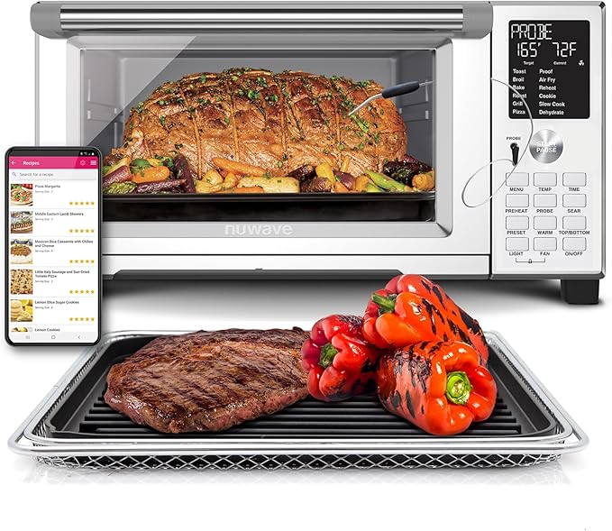 Nuwave Bravo Air Fryer Convection Oven Countertop, 100-in-1 Smart Grill Combo,10 Toaster Settings, Finer Control of 5 Heaters & 3 Fan Speed, 50-500째F, Smart Thermometer, Stainless Steel, PFAS Free