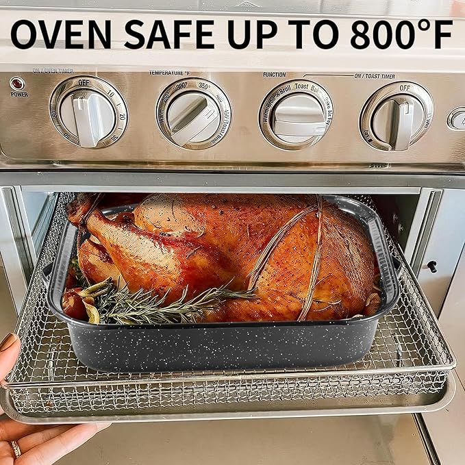 Roasting Pan with Rack, 21??Rectangular Granite Roaster Pan, 25lb Capacity, Large Roaster Pot for Baking Turkey with Versatile Lid