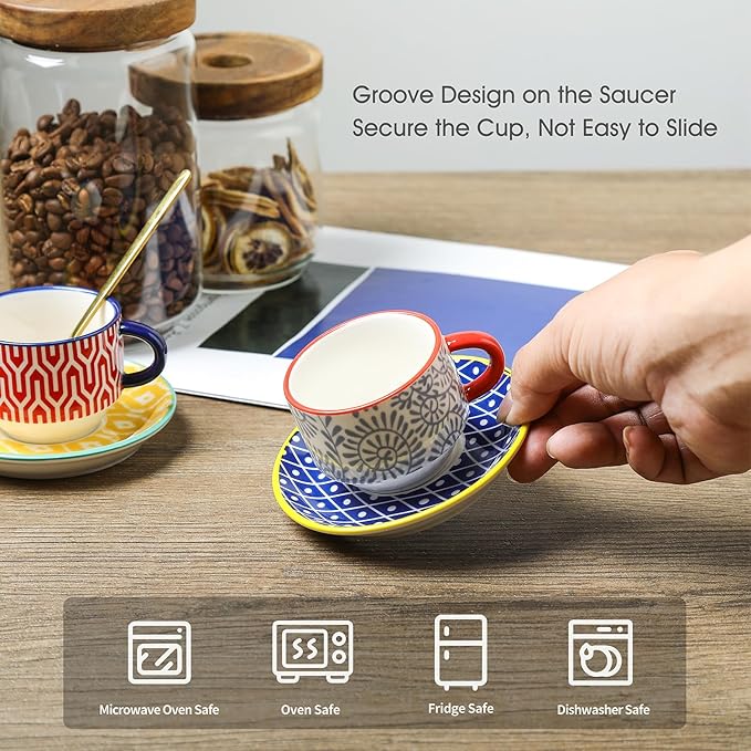Selamica Ceramic Espresso Cups with Saucers and Metal Stand, 4 OZ Stackable Demitasse Cups for Latte Coffee Caf챕 Mocha Tea, Set of 4, Assorted Colors
