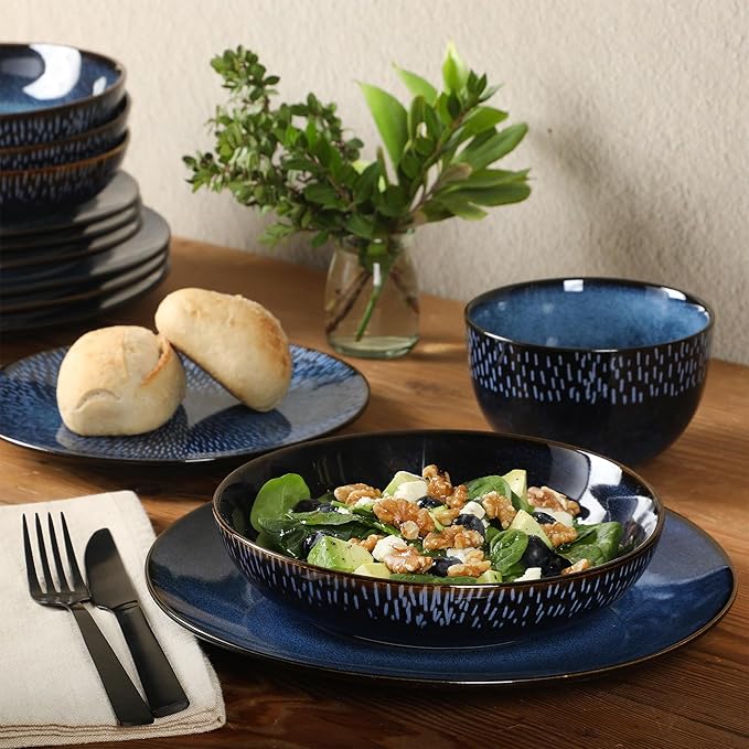 Gibson Elite Matisse 16-Piece Dinnerware Set ??Double Bowl Reactive Glaze Cereamic Stoneware in Blue ??Plates and Bowls Sets for 4, Microwave & Dishwasher Safe, Rustic Modern Design