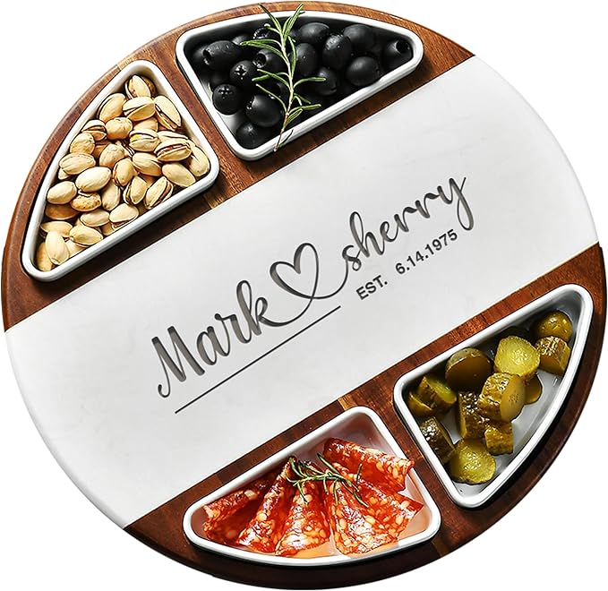 Shanik Acacia Wood Lazy Susan Cheese Board Set ??Rotating Charcuterie Platter with 4 Ceramic Bowls & Knives, Round Serving Tray for Weddings & Parties