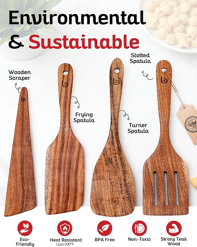 4-Piece Teak Wood Spurtle Utensil Set ??Premium Natural Wooden Cooking Tools for Nonstick Cookware, Stirring & Serving ??Durable, Non-Toxic Kitchen Spatulas