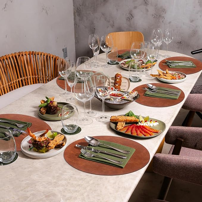 ADRIMER Placemats, Heat Resistant Round Placemats Set of 6 Washable, Waterproof Table Mats, Wipeable Faux Leather Place Mats for Kitchen, Dining Room, Dark Brown