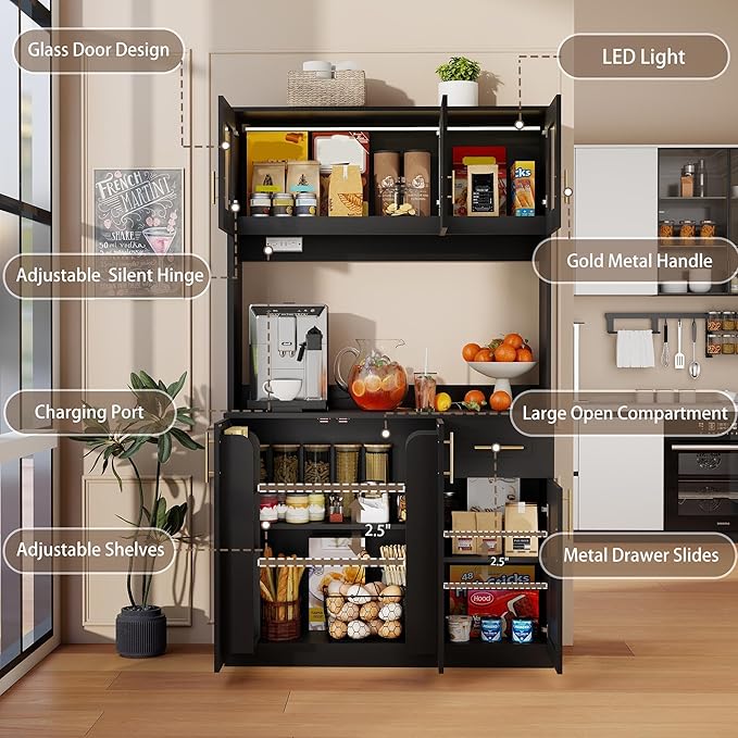 Kitchen Pantry Cabinet with Hutch: 71" Black Tall Kitchen Pantry Storage Cabinet with Drawers, 3 Glass Doors, Countertop, Hutch with Microwave Shelf and Charging Station for Dining Room (Black)