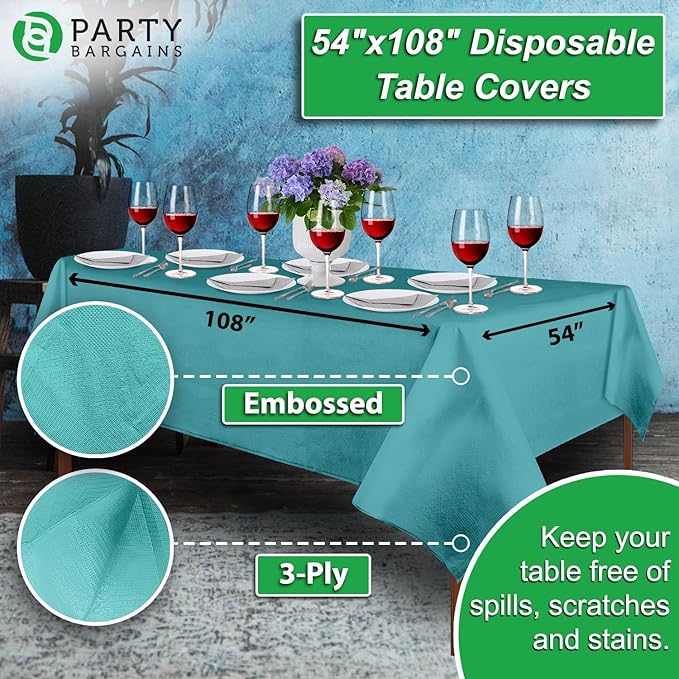 PARTY BARGAINS Disposable Table Covers, 54 x 108 Inch, Turquoise, 3-Ply Paper & Plastic Spill-Resistant Party Tablecloths, 10 Pack