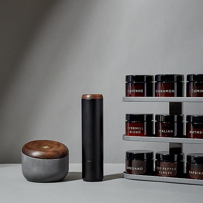 Evermill Premium Pepper Mill with Tellicherry Peppercorns, Anodized Aluminum Body, Wooden Cap, 26 Grind Settings, Manual Grinder (Silver with Walnut)